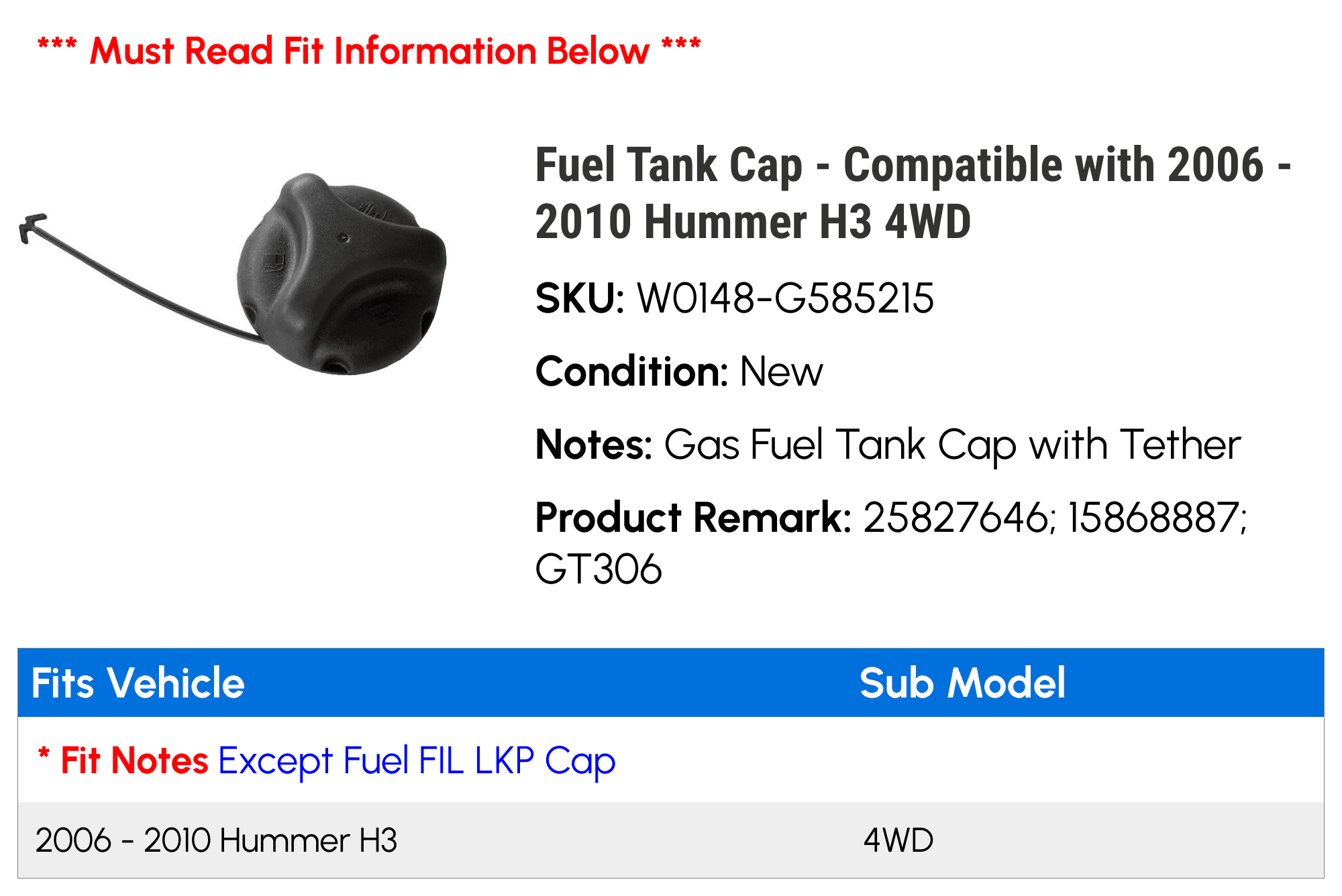 Gas Fuel Tank Cap with Tether - Compatible with 2006 - 2010 Hummer H3 4WD 2007 2008 2009