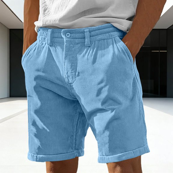 KIHOUT Men's Corduroy Casual Shorts - 98% Cotton 2% Spandex, Button-Zipper Fly, Elastic Waist, Side Pockets for Spring, Summer, Daily and Casual Wear