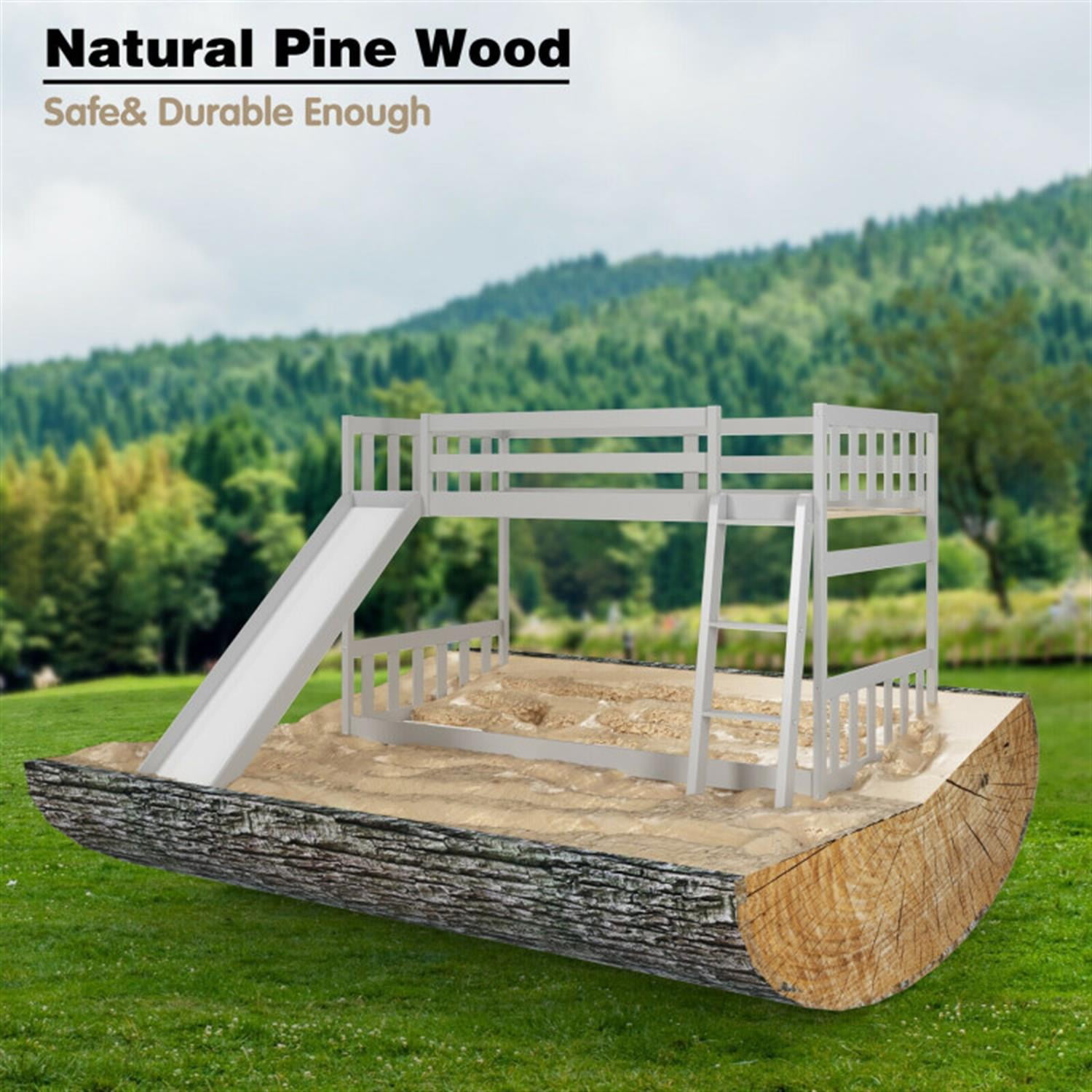 Demi Bonn Twin Over Twin Bunk Bed with High Guardrails and Slide Ladder, Twin Bunk Solid Wood Low Beds, Bed Frame, Gray