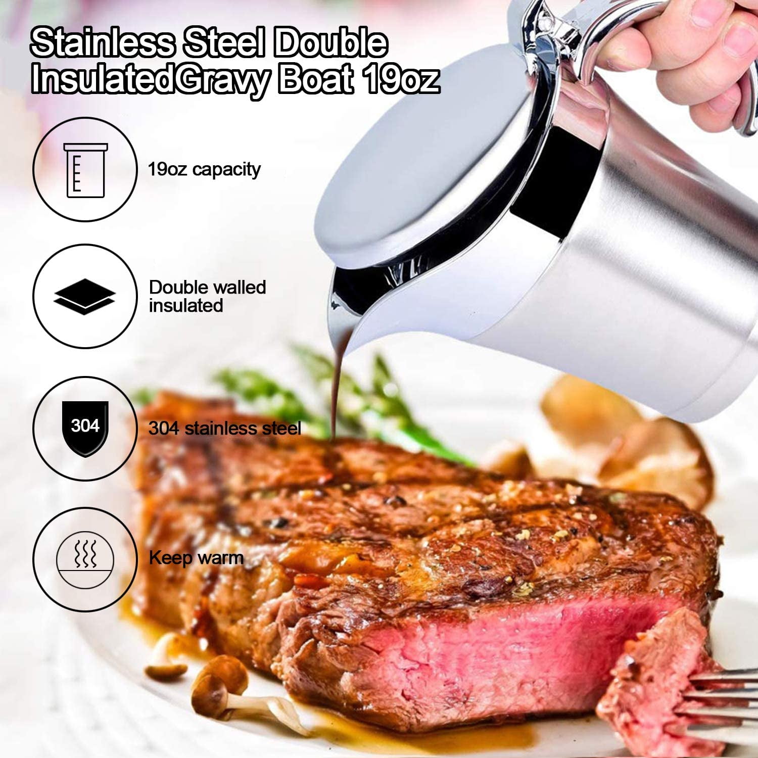ABPETE 16 oz Double Wall Stainless Steel Boat,Warm-Retaining Creamer & Sauce Pitcher for Coffee,Sleek Polish Finish