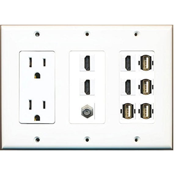RiteAV - (3 Gang 15 Amp 125V Power Outlet 4 HDMI Coax 4 USB A-A Wall Plate White