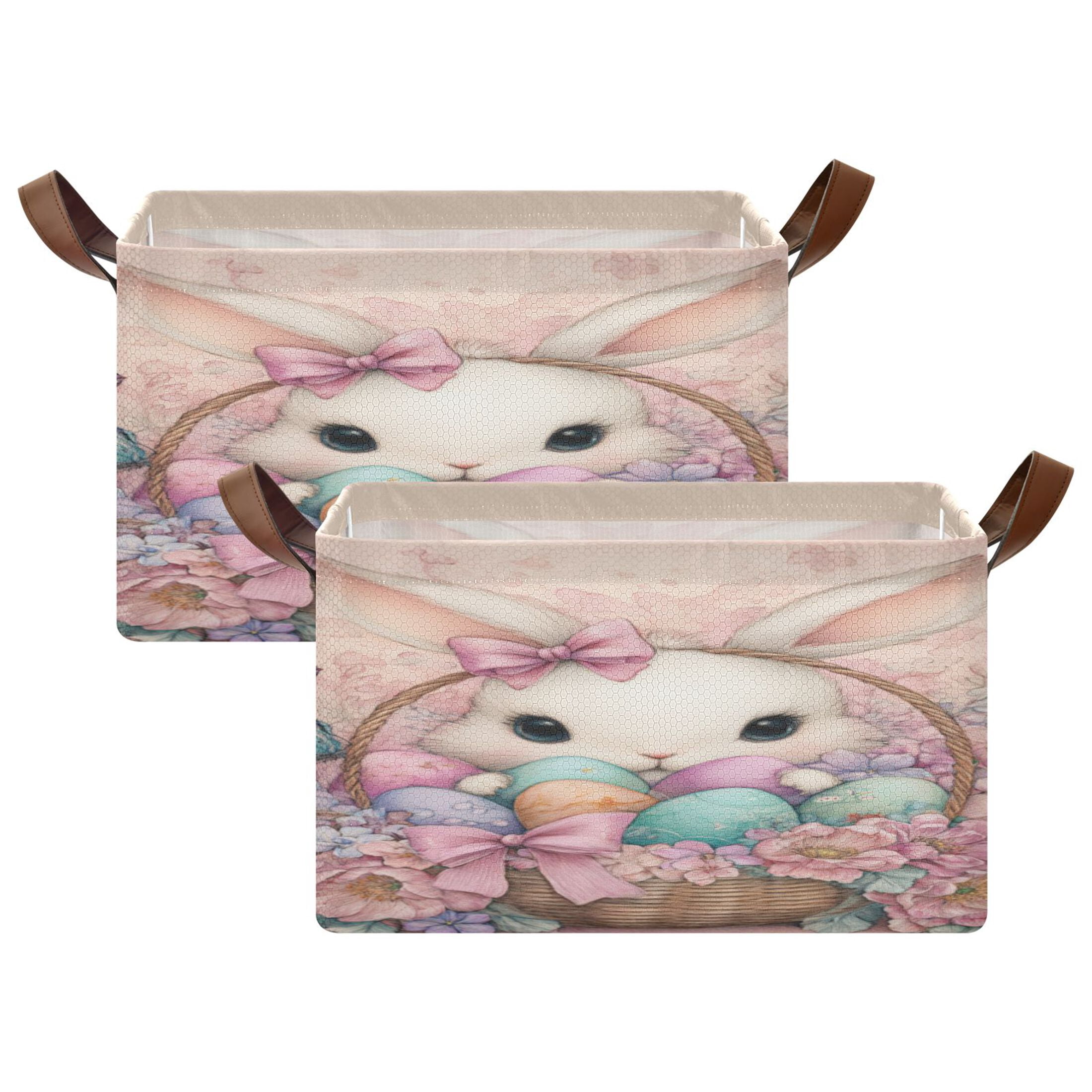 WobogoAdorable Easter Bunny Storage Basket 16.9×11.4×10in Collapsible Oversized with Metal Iron Frame