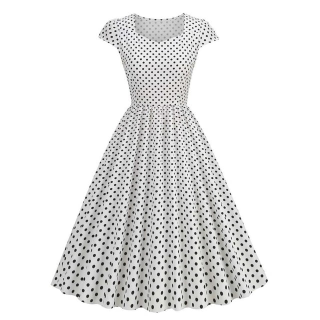 Birdeem Robe Évasée Décontractée pour Femmes à Pois, Manches Courtes, Encolure Carrée