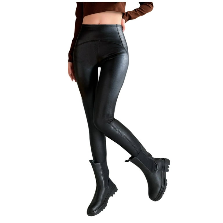 ZXHACSJ Women's Spring PU- Leather Pants Large Plush Leggings Tight Elastic  Feet Windproof Motorcycle Pants Black M