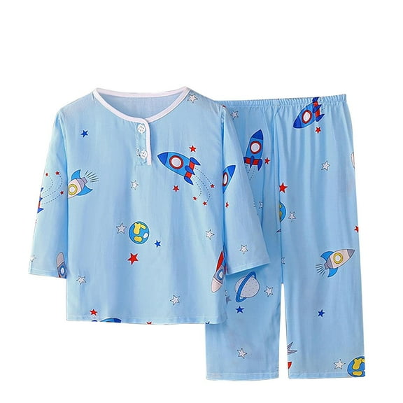 Loopsun Toddler Summer Sets, 1-12years Children's Printed Home Button Long Sleeve Long Pants Two-piece Set Blue 8-10 Years