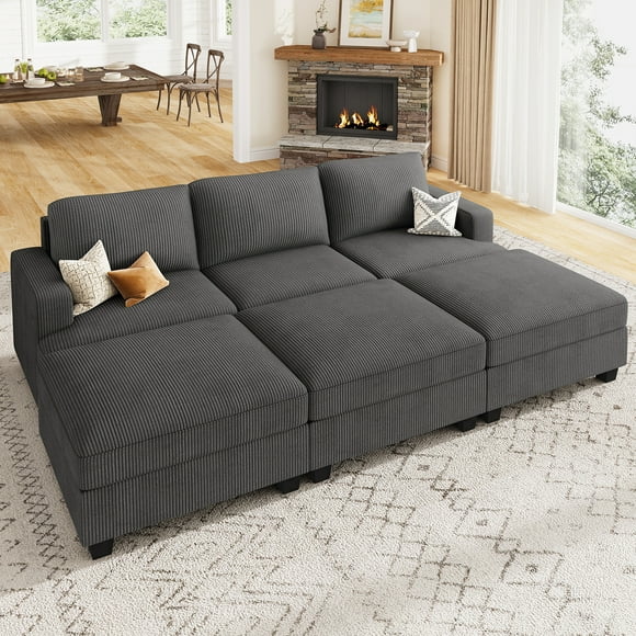 HONBAY Canapé Sectionnel Gris en Velours Côtelé de 94” Convertible avec Ottomans de Rangement pour Salon