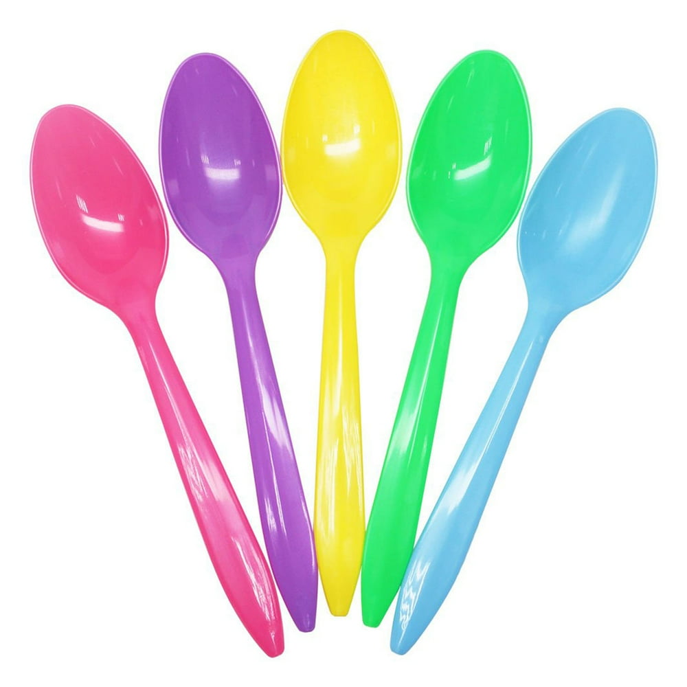 Karat Medium Weight Plastic Disposable Cafe Tea Spoons, Rainbow (Pack