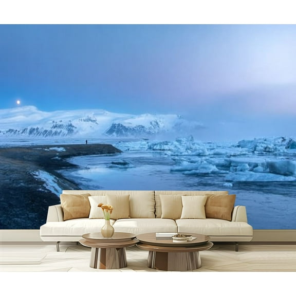 Peel and Stick Wallpaper Panoramic view Jokulsarlon ice lake night winter Iceland Modern Art Wall Mural Decor Self Adhesive and Removable 69in x 98in