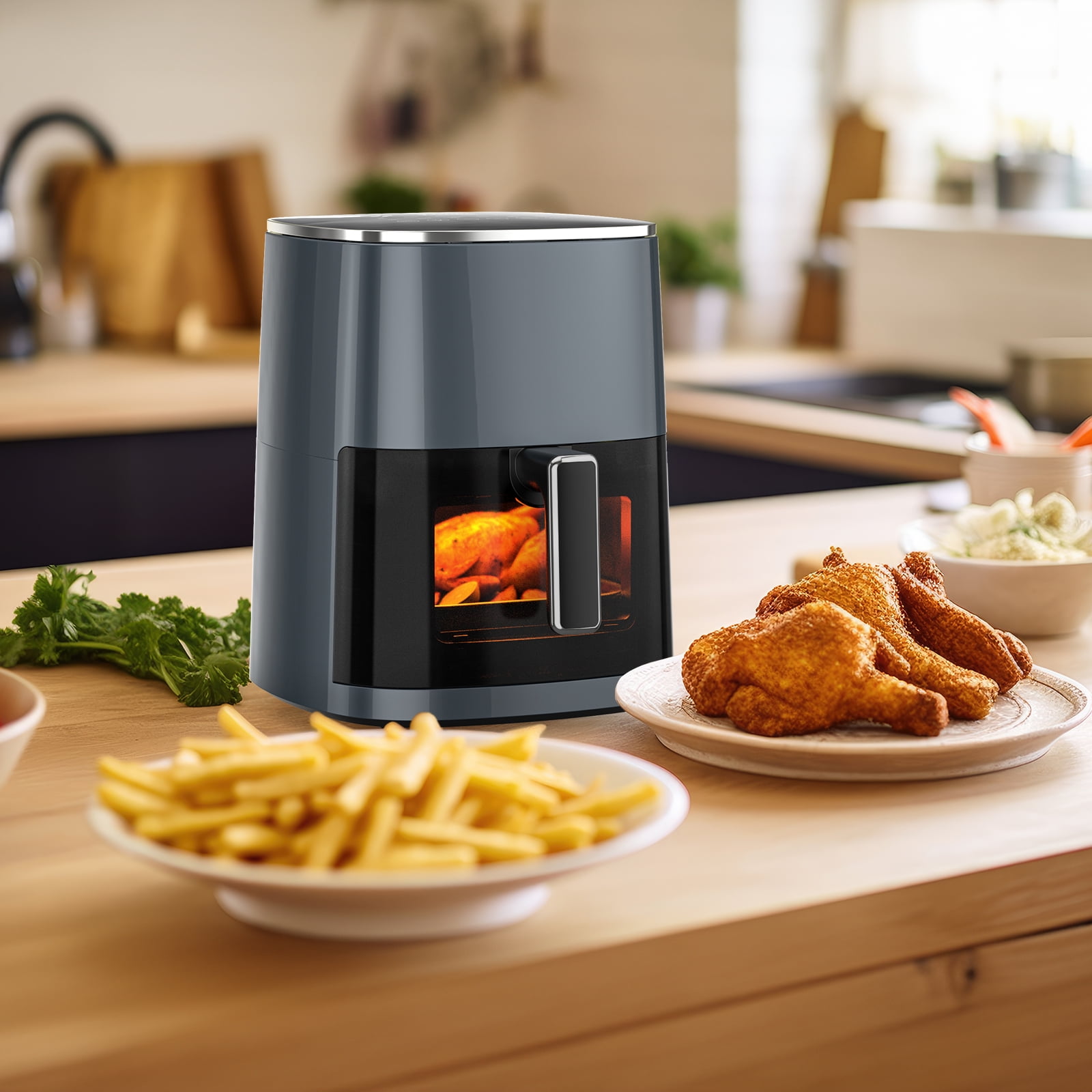 Sellary 6QT Air Fryer with Perspective Window and Light, 12-in-1, non-stick layer, suitable for Air Fry, Roast & More，Grey