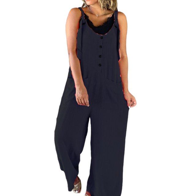 Fashnice Ladies Overalls Suspender Jumpsuits Sleeveless Rompers Wide Leg Travel Long Bib Pants Navy Blue S
