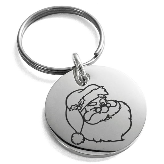 Stainless Steel Jolly Good Santa Claus Engraved Small Medallion Circle Charm Keychain Keyring