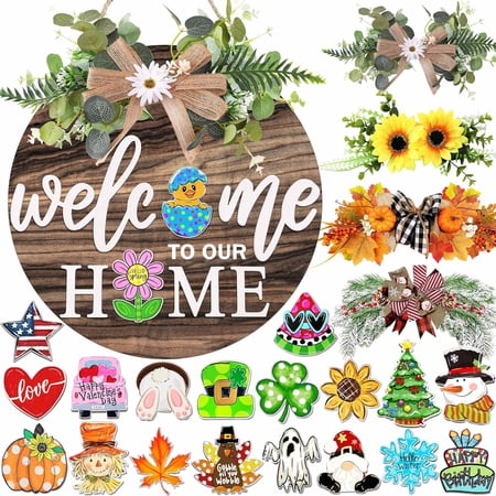 Interchangeable Welcome Sign for Front Door with 4 Seasonal Wreaths and 21 Changeable Icons Farmhouse Rustic Outdoor Welcome Signs Porch Holiday Spring Summer Winter Fall Decorations for Home Gifts Interchangeable Welcome Sign for Front Door with 4 Seasonal Wreaths and 21 Changeable Icons Farmhouse Rustic Outdoor Welcome Signs Porch Holiday Spring Summer Winter Fall Decorations for Home Gifts
