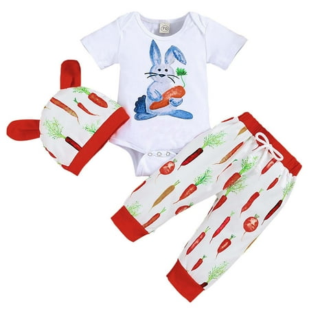 

Infant Toddler Baby Boy Girl Easter Outfits Rabbit Carrot Short Sleeve T-Shirt Romper+Carrot Print Long Pants+Hat
