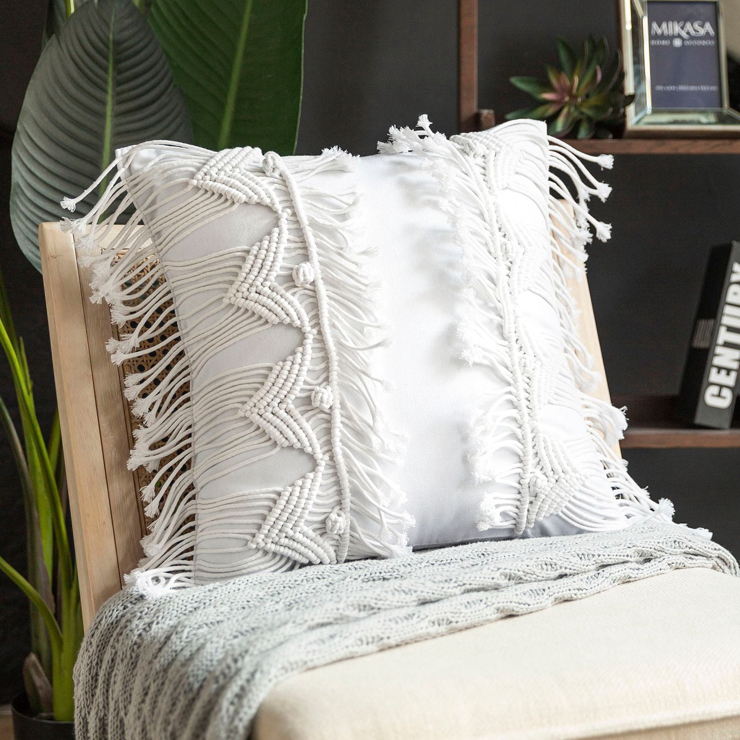 Phantoscope 100% Cotton Handmade Crochet Boho Throw Pillows with Tassels and Woven Knot Design, 18 x 18 in Square Cushions, Pure White, 2 Pack