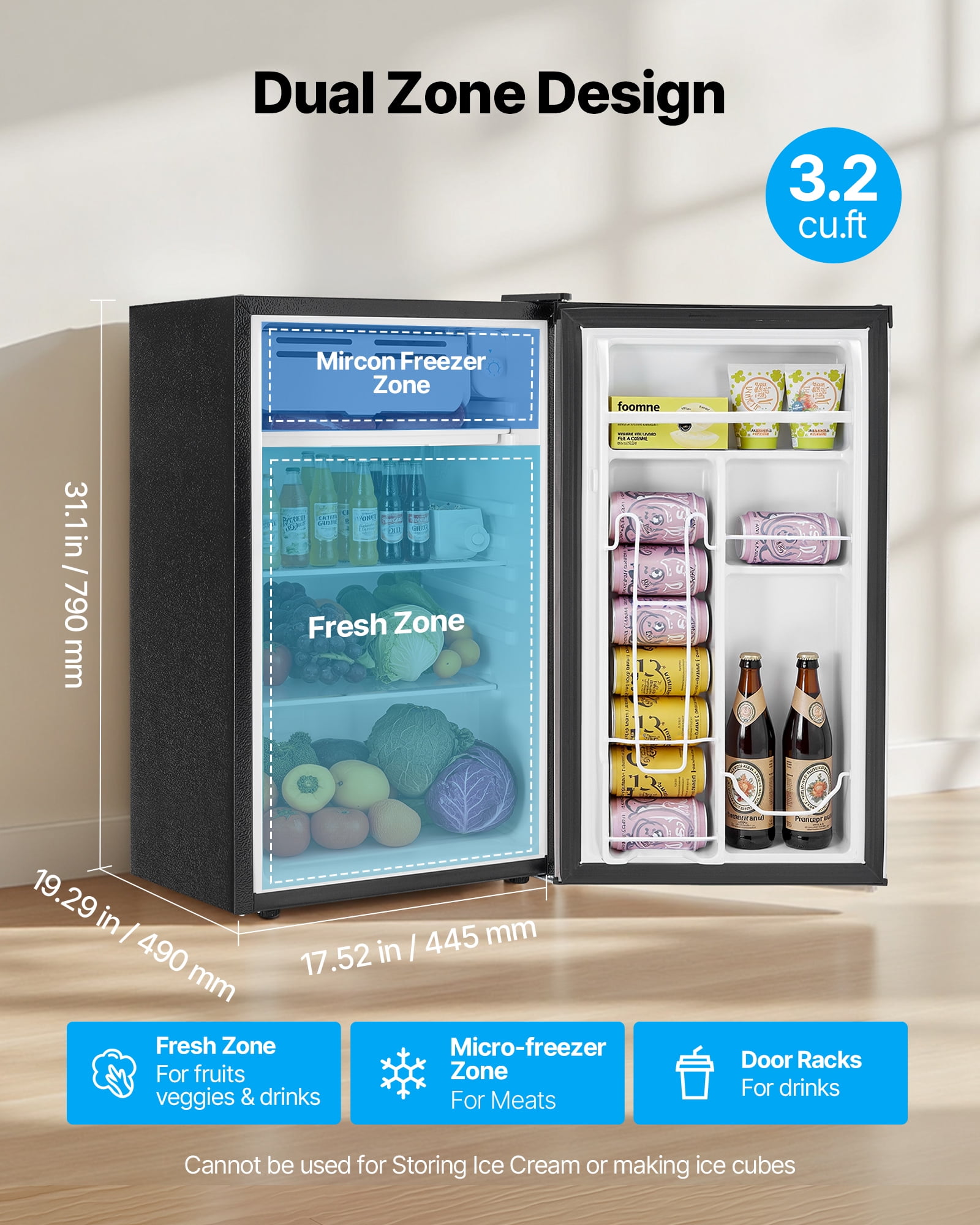 VEVOR Mini Fridge, 3.2 Cu.Ft, Single Door Compact Refrigerator, Adjustable Temperature,Glass Shelf, Energy Efficient Small Refrigerator,Reversible Door, Low Noise,for Bedroom Dorm Office,Stainless
