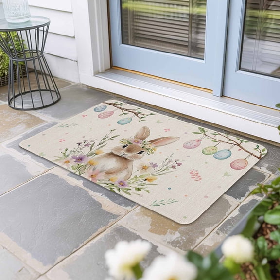 Bunny Easter Door Mat Indoor Outdoor, Colorful Eggs Spring Floral Rustic Non Slip Welcome Mat with Rubber Backing, Absorbent Fabric Front Door Mats Entryway Rug for Home Patio Entrance 16"x24"