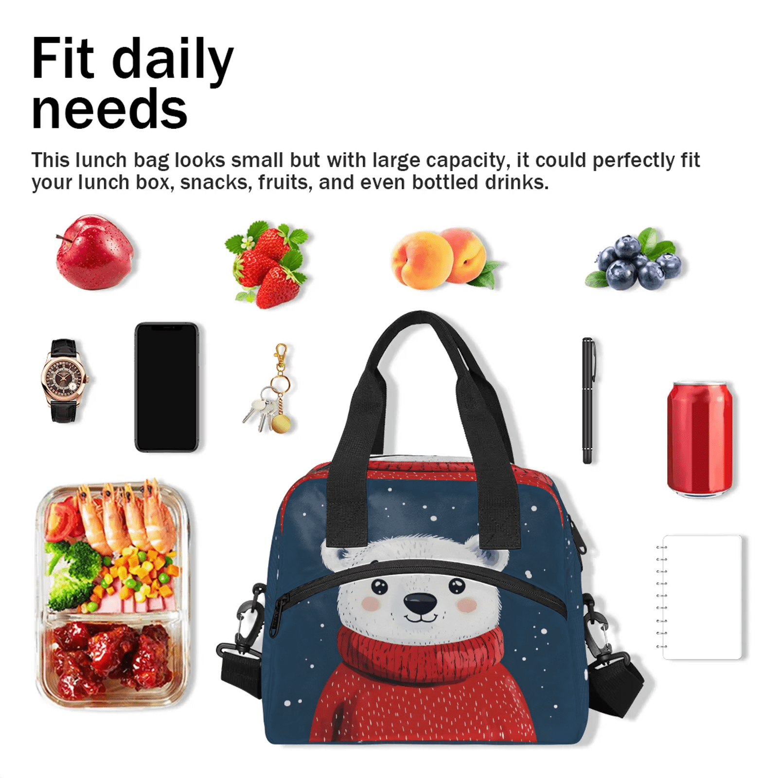 Herdesigns Cartoon Lunch Bag for Women Men Adult, Bear Large Insulated Reusable Lunch Box Leakproof Portable Cooler Tote Bags for Work Picnic Beach