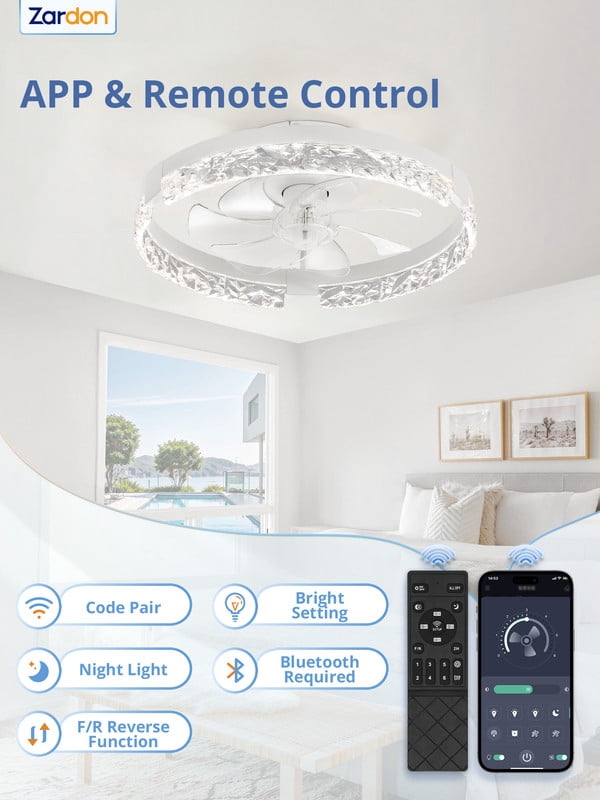 Zardon 18" Ceiling Fan with Light, Low Profile Flush Mount, Remote and Smart App Control, 6 Speeds and Quiet Reversible DC Motor for Bedroom, Living Room, Kitchen
