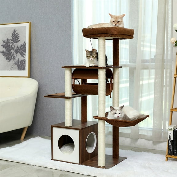 Pefilos 51" Cat Tree House for Indoor Cats Wall Cat Condo for Multiple Cats with Sisal-Covered Scratching Posts and Cooling mat for Kitten Light Cat Trees and Towers for Large Cats, Brown