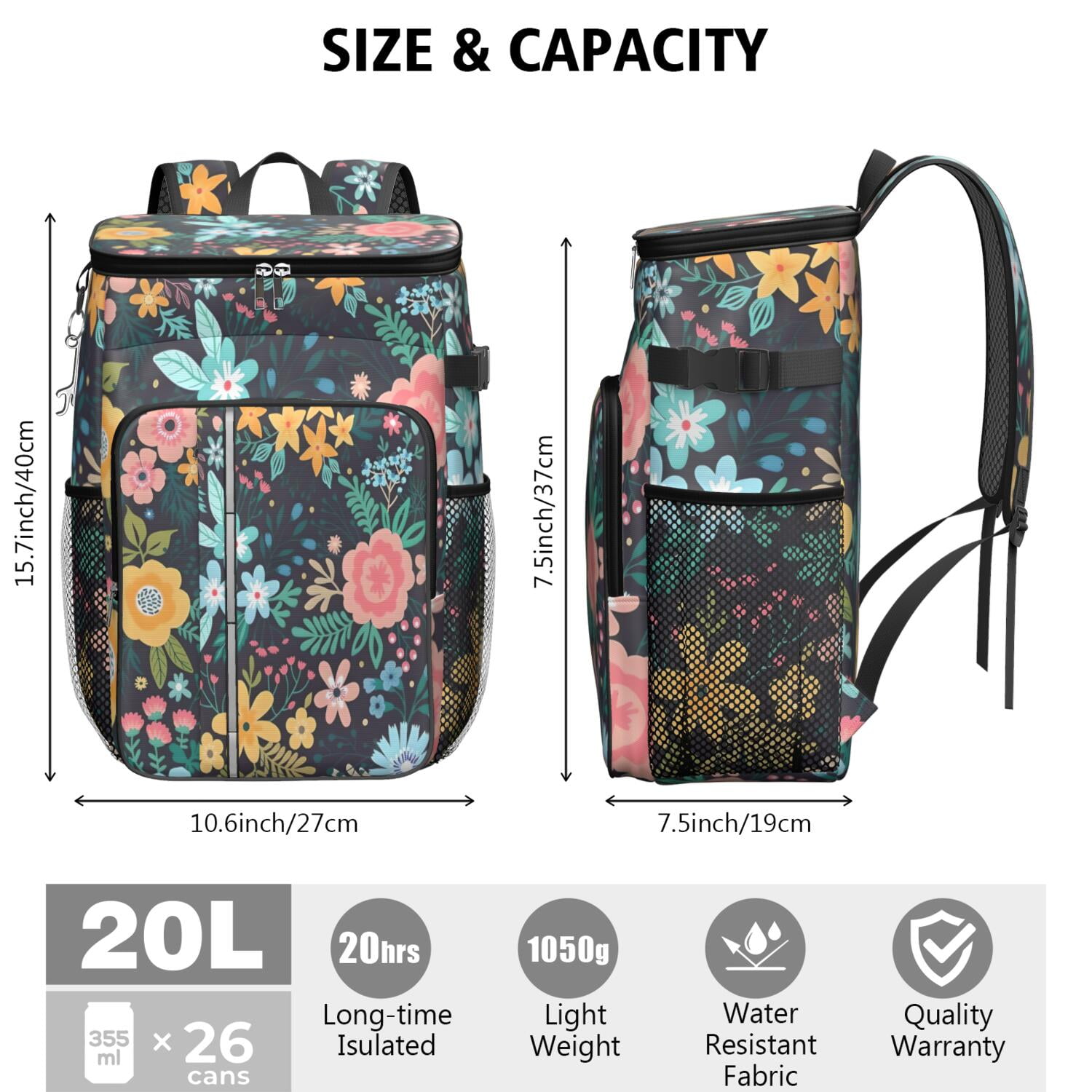 Travel Cooler Bag - Pioneer Flower Floral Print Pattern Camping Beer Cooler Backpack with Bottle Opener- Waterproof Insulated Picnic Backpacks - Cooler Bag for Beach