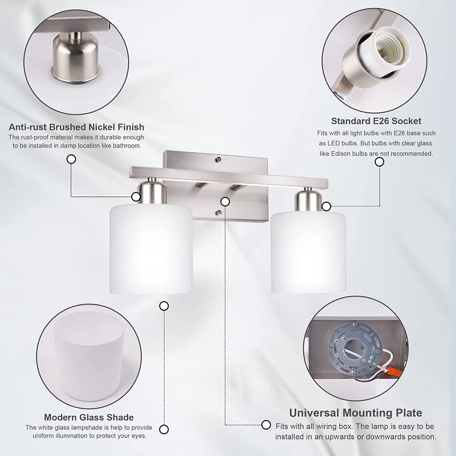 Hansang Bathroom Vanity Light Fixture Over Mirror with Brushed Nickel, Modern 2-Light Wall Sconces Lighting for Bedroom, Decor White Glass Shades,E26 Base Bathroom Light Fixtures