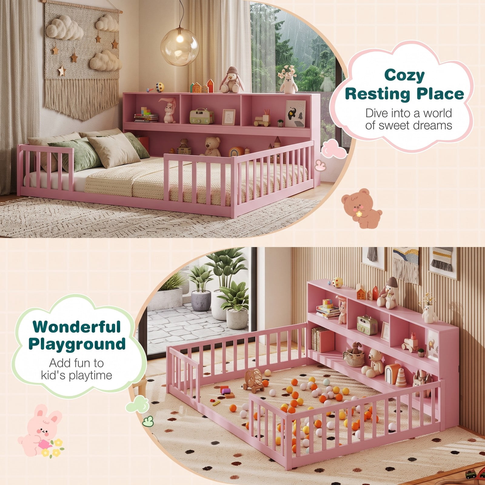 Furnibear Full Size Montessori Floor Bed Frame with Bookcase Headboard and Full Length Fence Rails, Full Bed Frame for Kids Bedroom, Pink