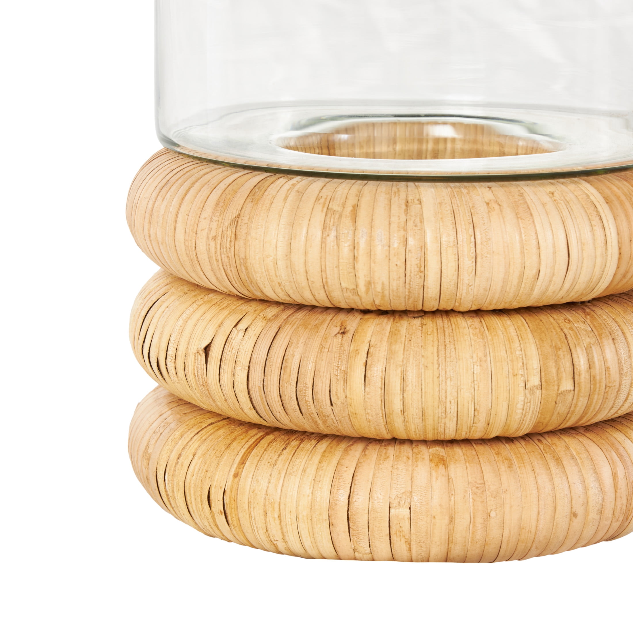 DecMode Glass Round Hurricane Lamp with Light Brown Woven Base