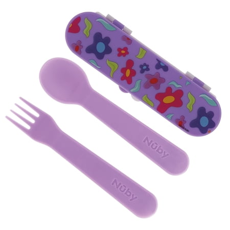 Nuby Plastic Toddler Fork & Spoon with Travel Case, Flowers