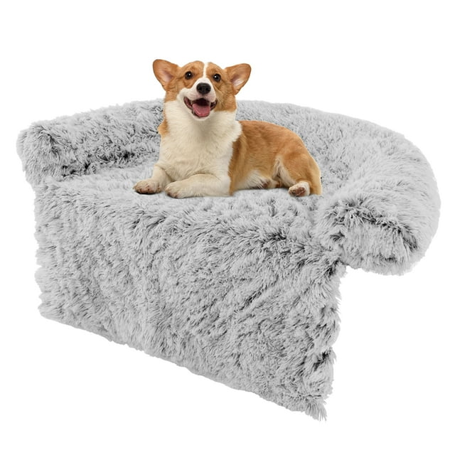 Costway Plush Calming Dog Couch Bed with Anti-Slip Bottom Plush Mat for Small Dogs & Cats Gray