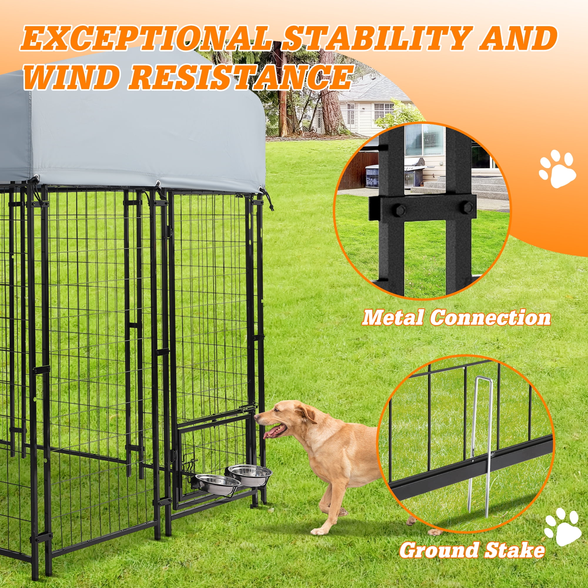 Magic Union 8x4x6 FT Outdoor Dog Kennel with Roof Cover, Heavy Duty Dog House Outside with Lockable Door, Indoor Dog Playpen Outdoor Dog Cage Pen Pet Fence with 2 Rotating Feeding Bowls for Large Dog