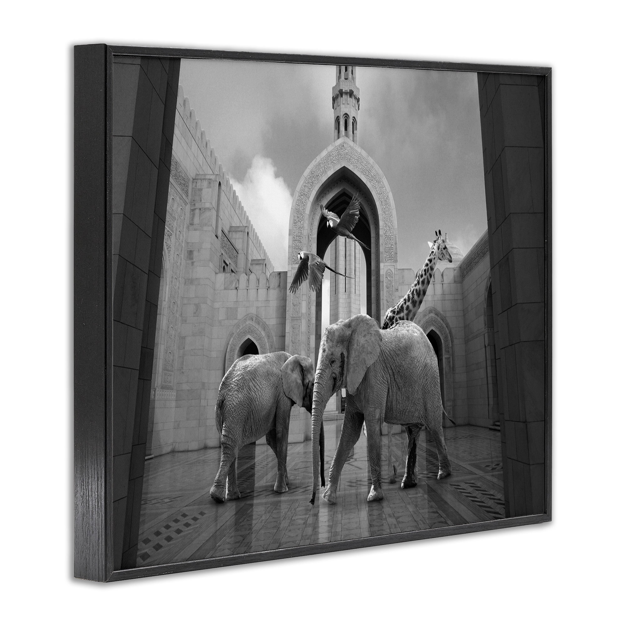 Stupell Industries Safari Animals In Arabesque Architecture Parrots Elephants Giraffe Framed Wall Art Design by Ziwei Li, 16" x 20", Black Framed