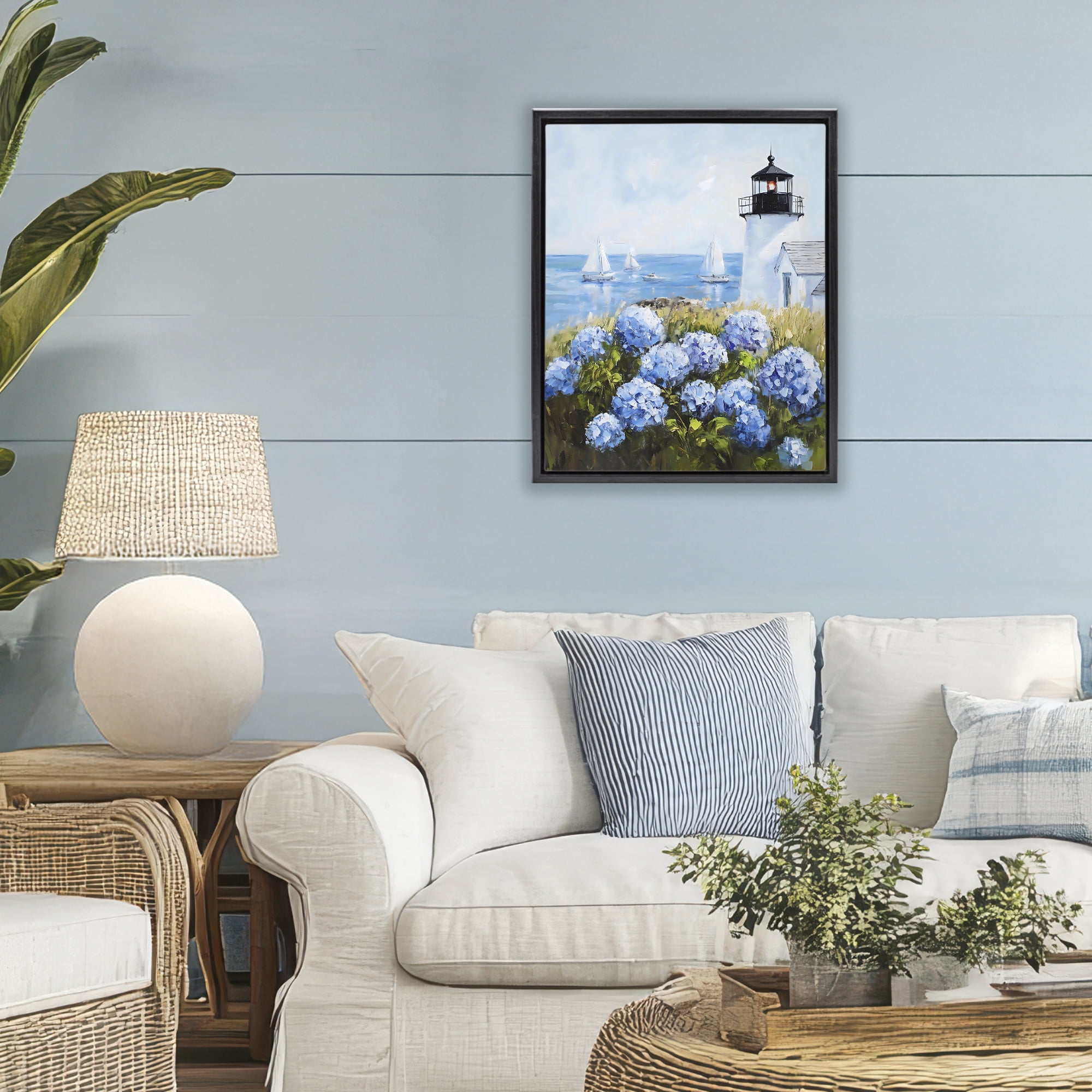 Stupell Industries Lighthouse Surrounded by Hydrangeas Black Framed Floater Canvas Wall Art, design by Arlington Prints