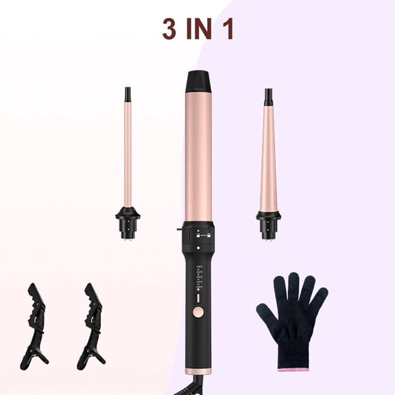 3 in 1 Curling Wand Set - Hair Waver Curling Iron for Women with 3 Interchangable Ceramic Beach Waves Wands 1/2 Inch to 1 1/4 Inch Fast Heating Up Hair Curler with Box (Rose, Black)