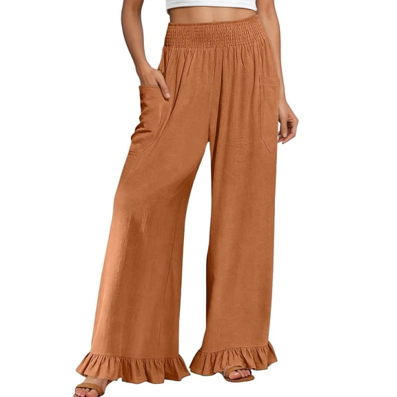KHONTS Women's Wide Leg Pants High Waist Ruffle Hem Casual Loose Cropped Trousers Solid Color Lightweight Pants for Daily Wear Orange XL
