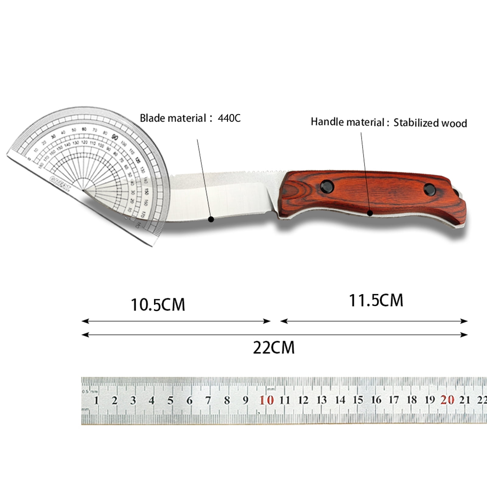 Fixed Blade Knife, Full Tang, Drop Point 440C Blade, Stabilised Wood Handle, Bushcraft Knife with Sheath for Camping, Outdoors