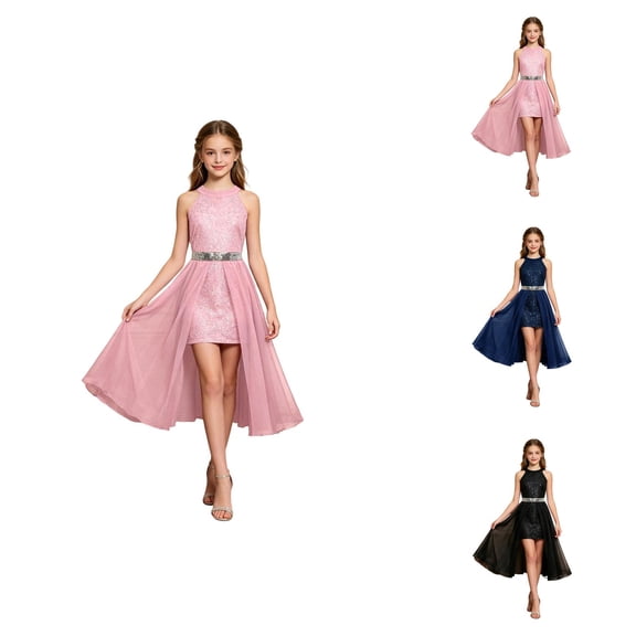 Girls Princess Dress Flower Girl Dress Ball Gown Halter Neck Sequin Party Elegant Fancy Dresses for Girls