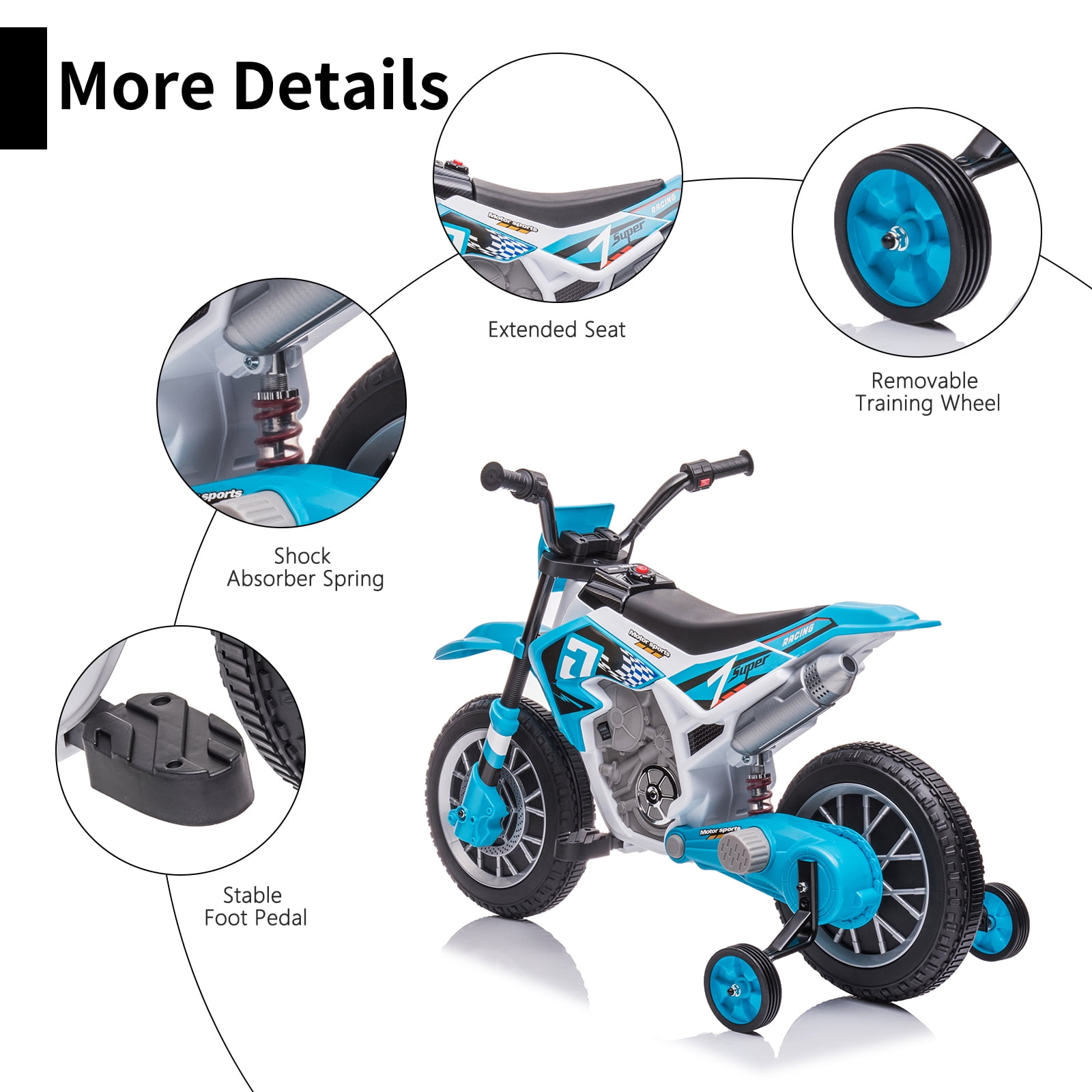 FINITO 12V Kids Ride on Motorcycle, Battery Powered Car Toy with 2 Training Wheels Electric Motorbike Gift for Boys Girls Age 3+, Blue