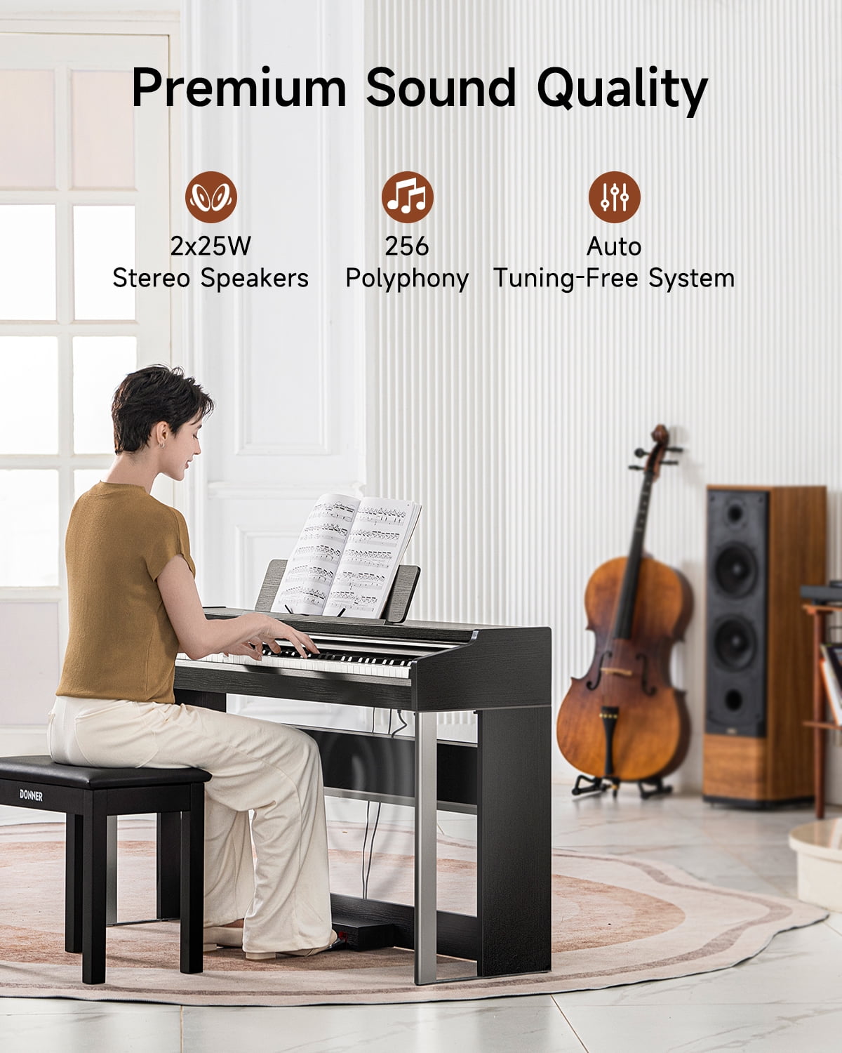 Donner DDP-200 Pro Digital Piano with 88 Key Graded Weighted Keyboard, 2.4" IPS Screen, Record, Wireless Connection, 100+ Sounds, 256 Polyphony, Full Size Piano Keyboard for Beginner, Advanced, Black
