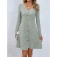 thumbnail image 1 of Minivestido de punto acanalado para mujer, traje liso de manga larga con botones, corte en A, ropa de calle para otoño, 2024, 1 of 4