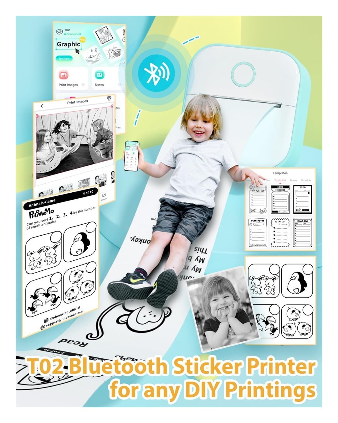 Sticker Printer- T02 Print Pods Mini Sticker Printer Maker, Inkless Machine Portable, Bluetooth Thermal Pocket Photo Maker for Study Notes, Daily, Photos, DIY