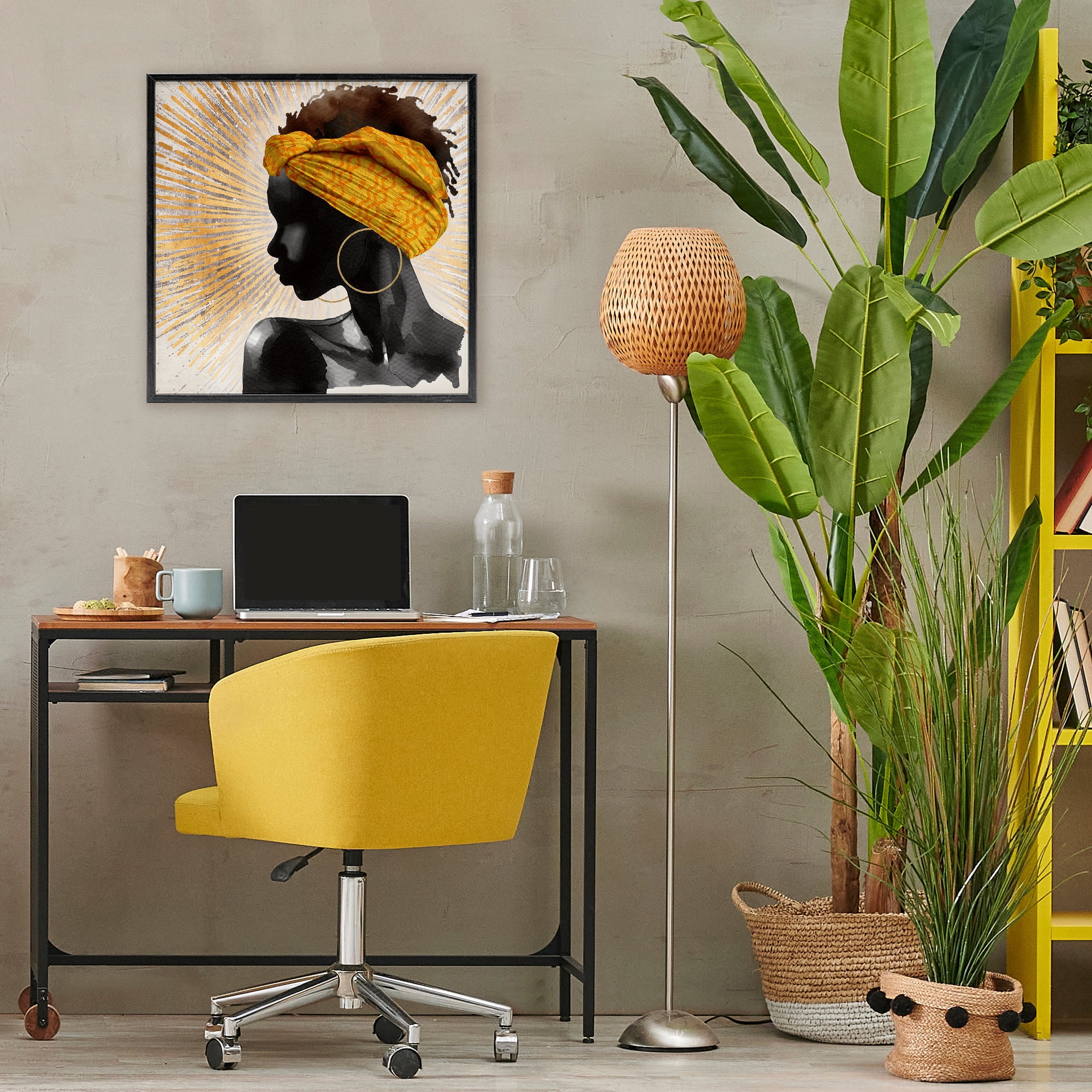 Stupell Industries Golden Sunburst Profile with Headwrap Black Framed Giclee Art, design by CAD Designs