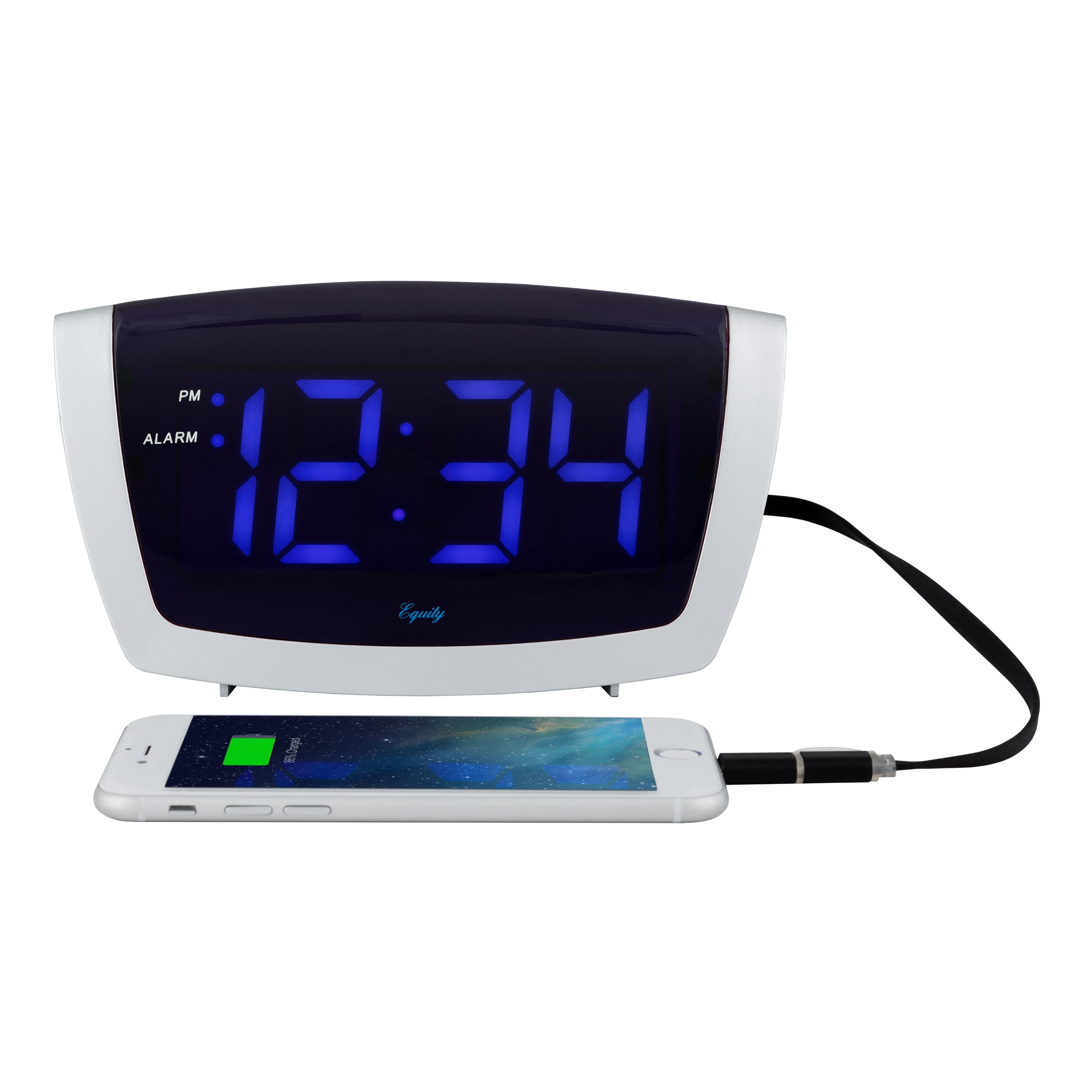 Equity 75904 Silver/Blue Large LED Alarm Clock with USB