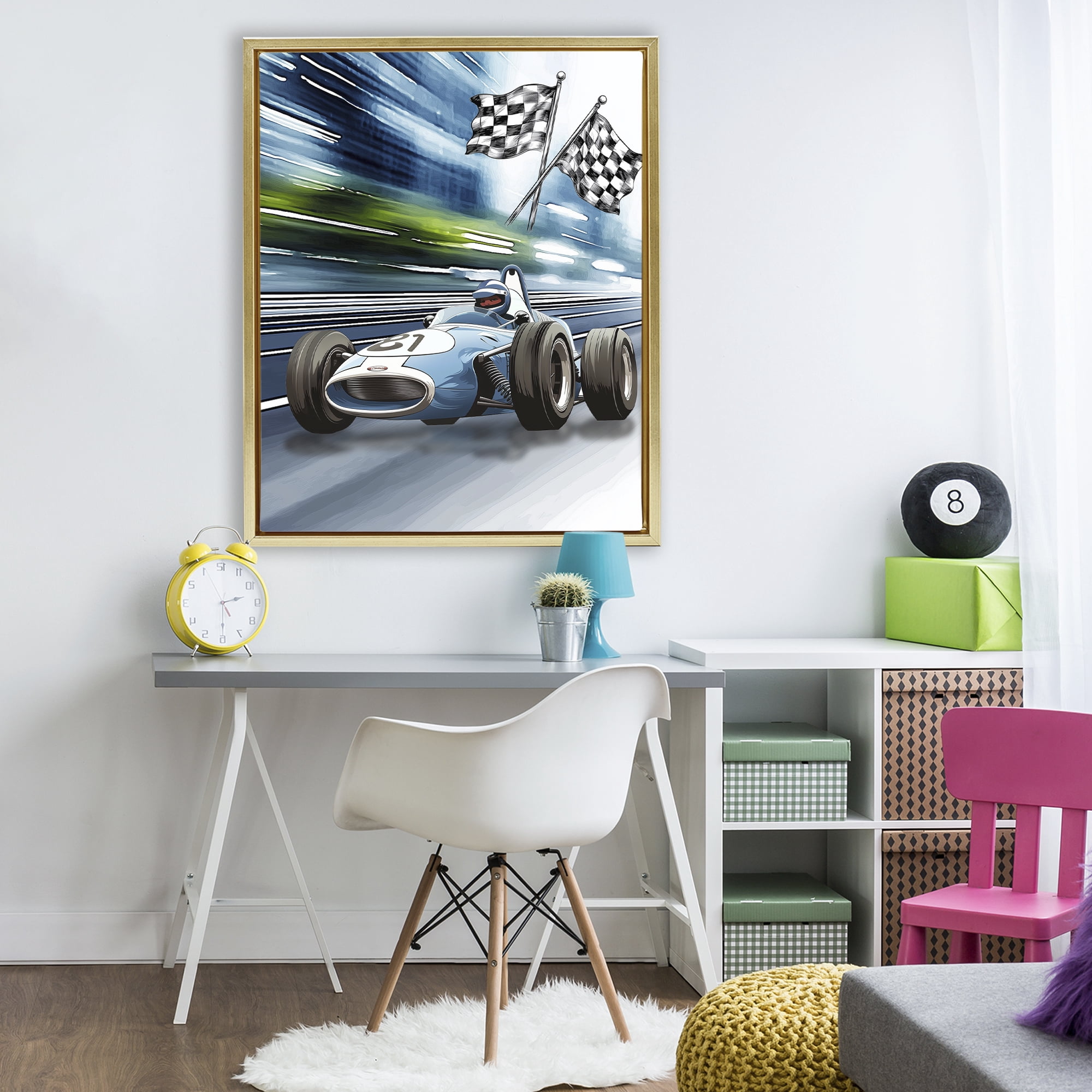 Stupell Industries Speedy Racecar with Flags Gold Framed Floater Canvas Wall Art, design by Christine Simpson Art