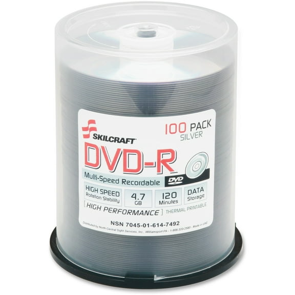 SKILCRAFT, NSN6147492, 4.7GB Spindle DVD-R, 100, Silver