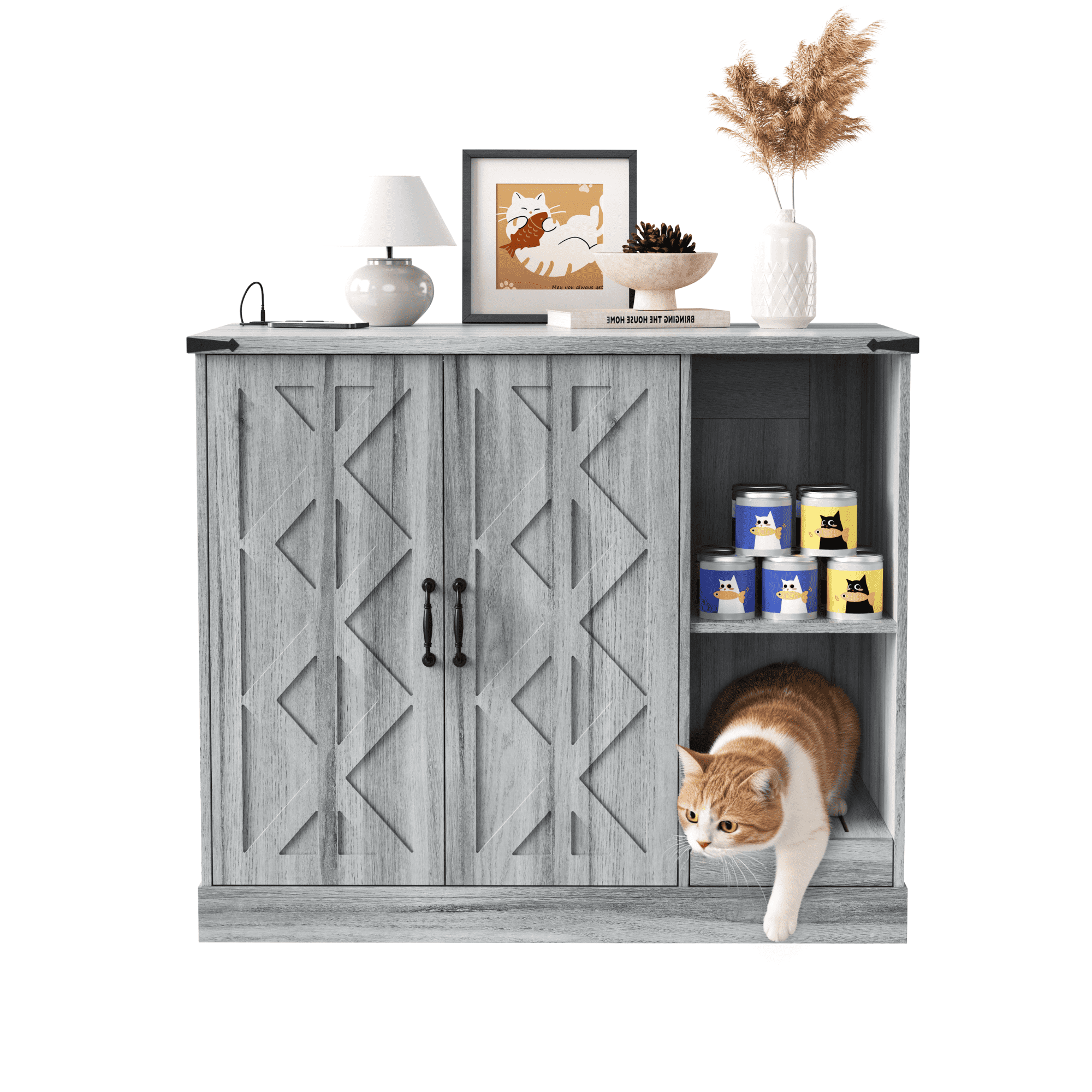 Cat Litter Box Cabinet with Power Outlet, Hidden Litter Box Enclosure for Automatic Litter Boxes, with Litter Catcher and Adjustable Storage Shelves, Gray