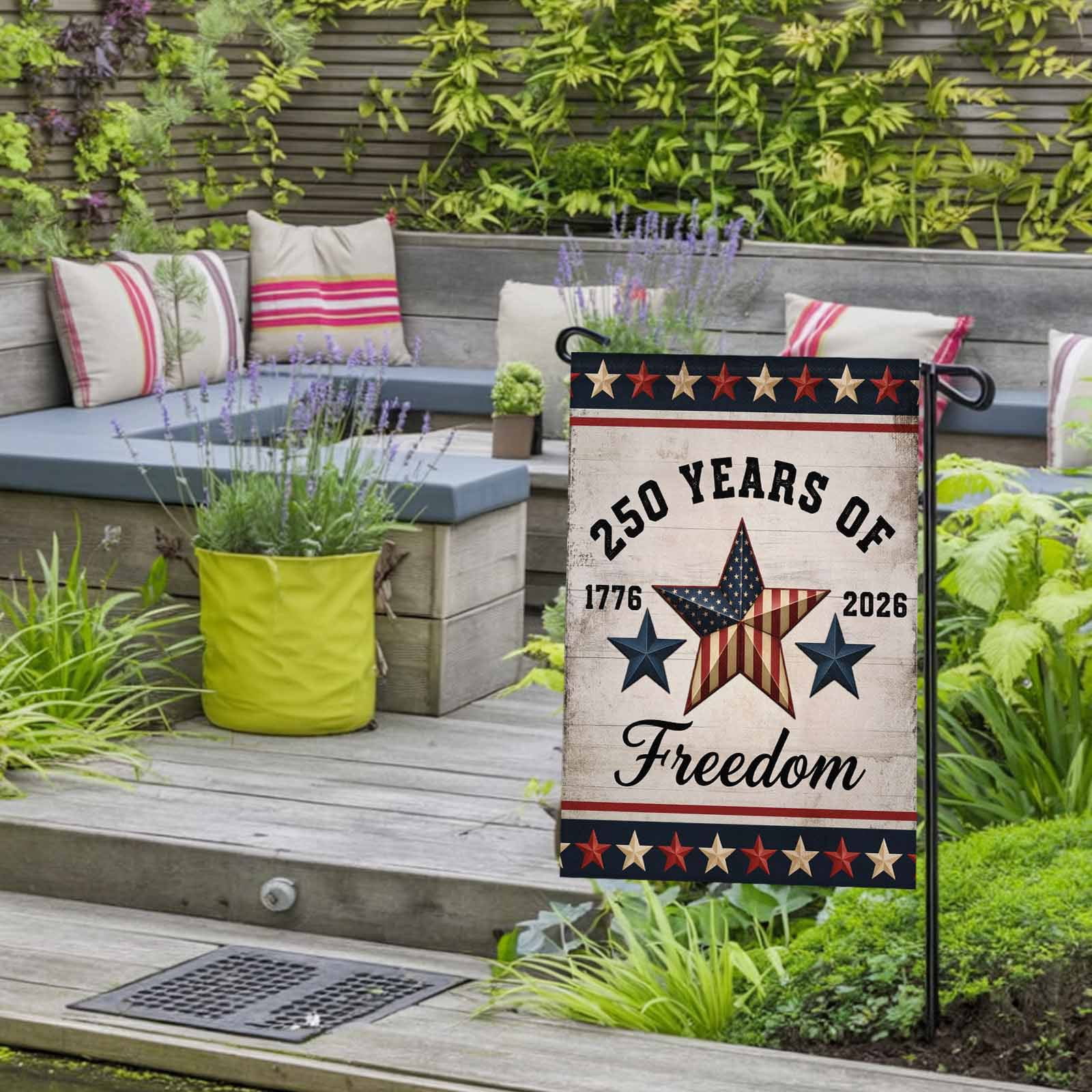 4th of July Garden Flags 250 Years of Freedom Garden Flag Double Sided Welcome Flag Retro Patriotic Stars American Flag Independence Day Yard Flags for Outdoor Lawn Porch Memorial Day 28x40 Inch