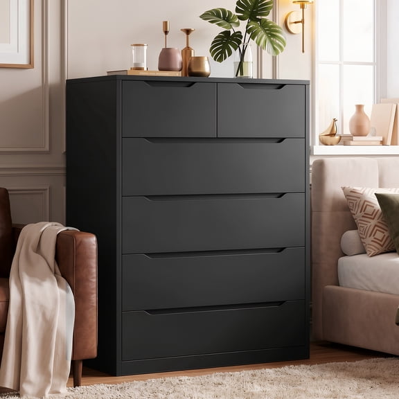 Romorgniz Black Dresser for Bedroom,Wood 6 Drawer Dresser with Interlocking Drawers,Modern Storage Cabinet Chest of Drawers for Bedroom,Living Room,Closet
