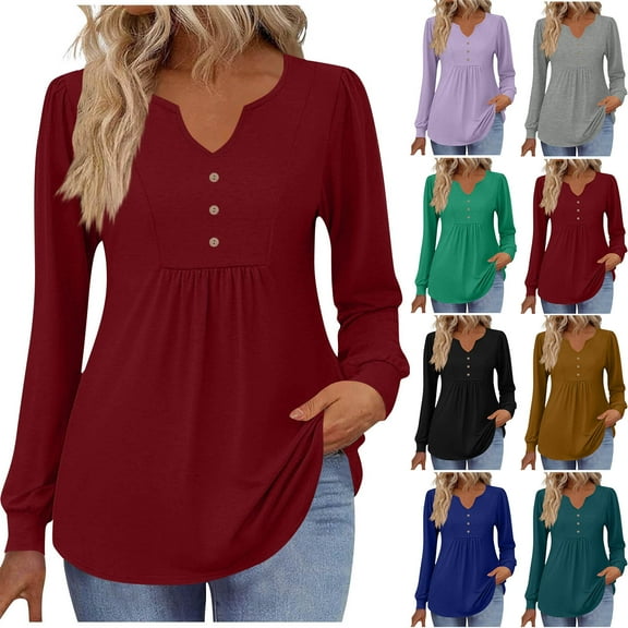 HVOBTTY Women's Long Sleeved T Shirt, Fall and Winter Tops for Women, Women's Casual Solid Color Long Sleeve V Neck Loose Button Lightweight T Shirt Black, Black