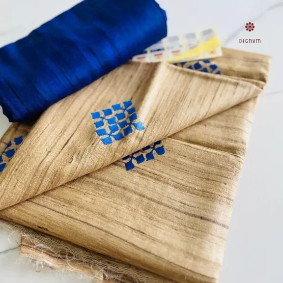 Classic Cream Tussar Ghicha Silk Embroidery Saree