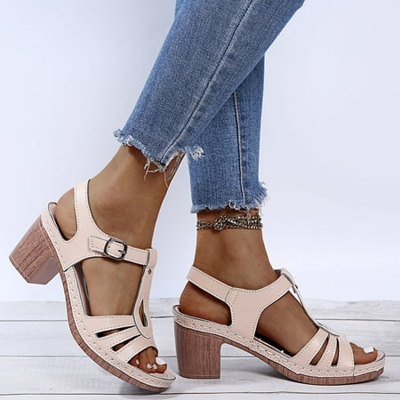 

Women Fashion Square Heels Breathable Peep Toe Sandals Buckle Strap Beach Shoes